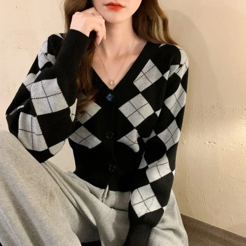 Cardigan Women Vintage Argyle Skinny All-match College Knitted Leisure Cozy Elegant V-neck Korean Style Female Cropped Sweater