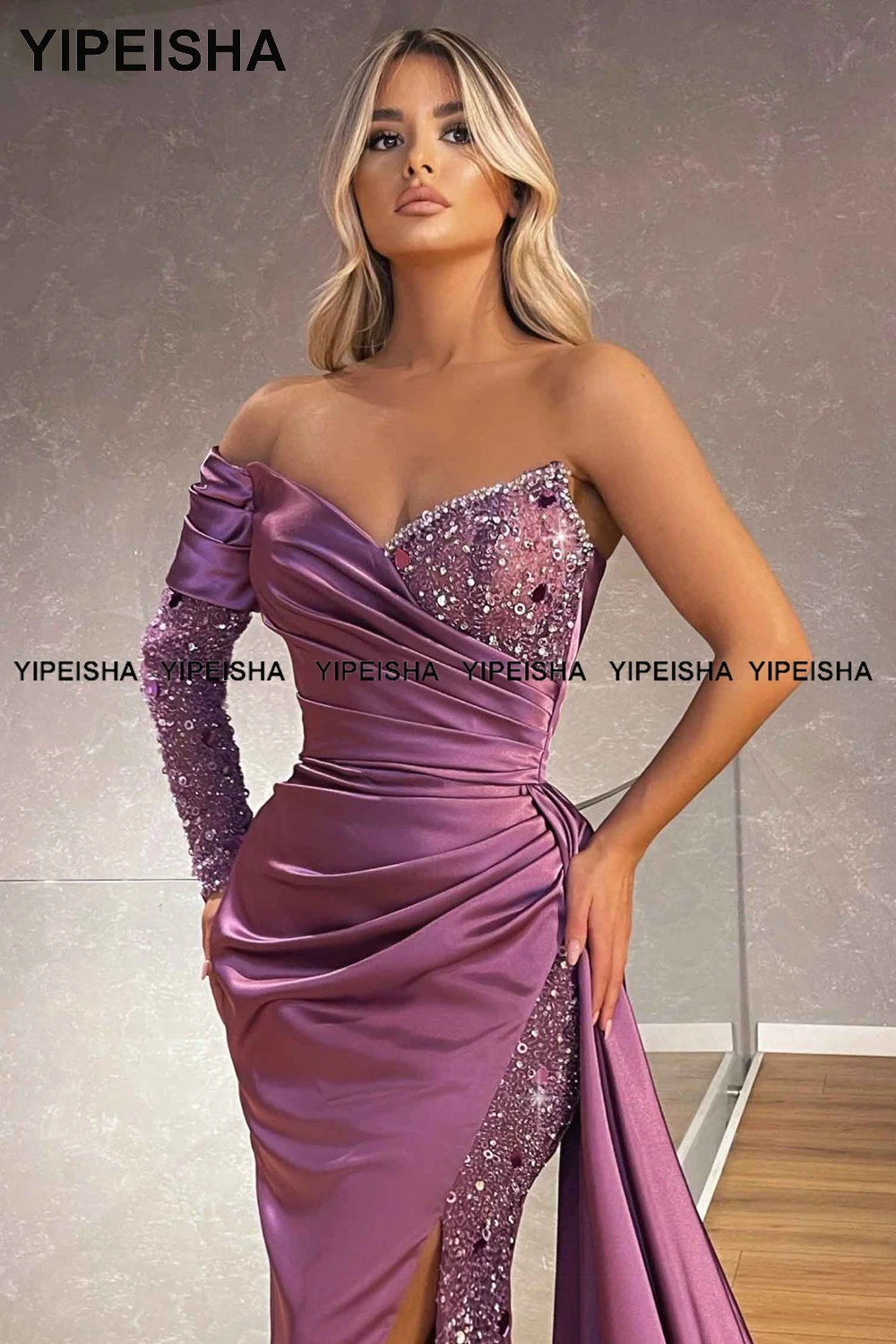 Yipeisha Glitter Sequin Prom Dress with Sleeve Purple Mermaid Evening Gown Side Slit Long Party  2023 Vestido de Festa