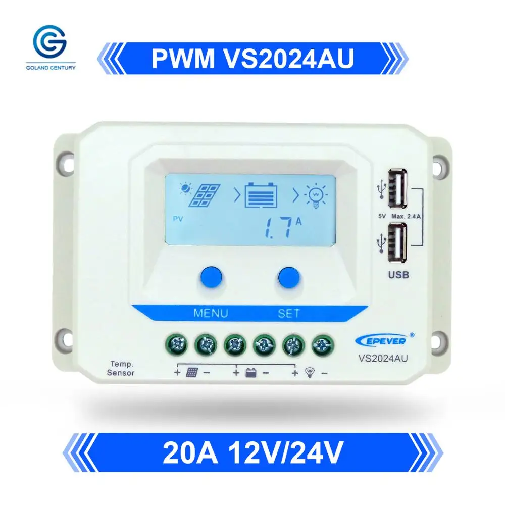 

EPever VS2024AU 20A 12V 24V Auto Work, Double USB Charge Ports Intelligent PWM Smart Home Controllers