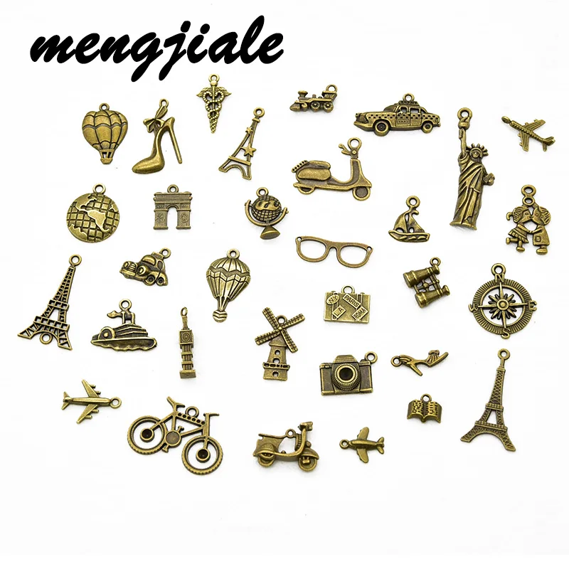 32pcs Wholesale Two Color Travel Charms Alloy Metal Boat Airplane Bike Car Pendants For DIY Handmade Jewelry Accessories Making