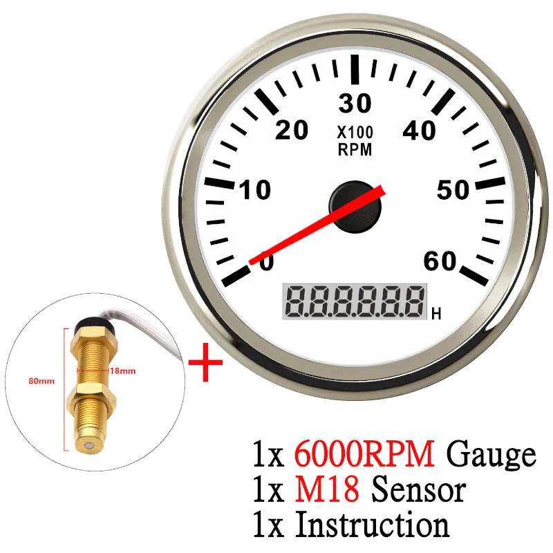 Kundenspezifischer 12 V 24 V Auto-Drehzahlmesser, digitaler Tachometer, 6000 U/min, Marine-Drehzahlmesser mit Betriebsstundenzähler, 85 mm Auto-Messgerät mit M16-M18-Sensor