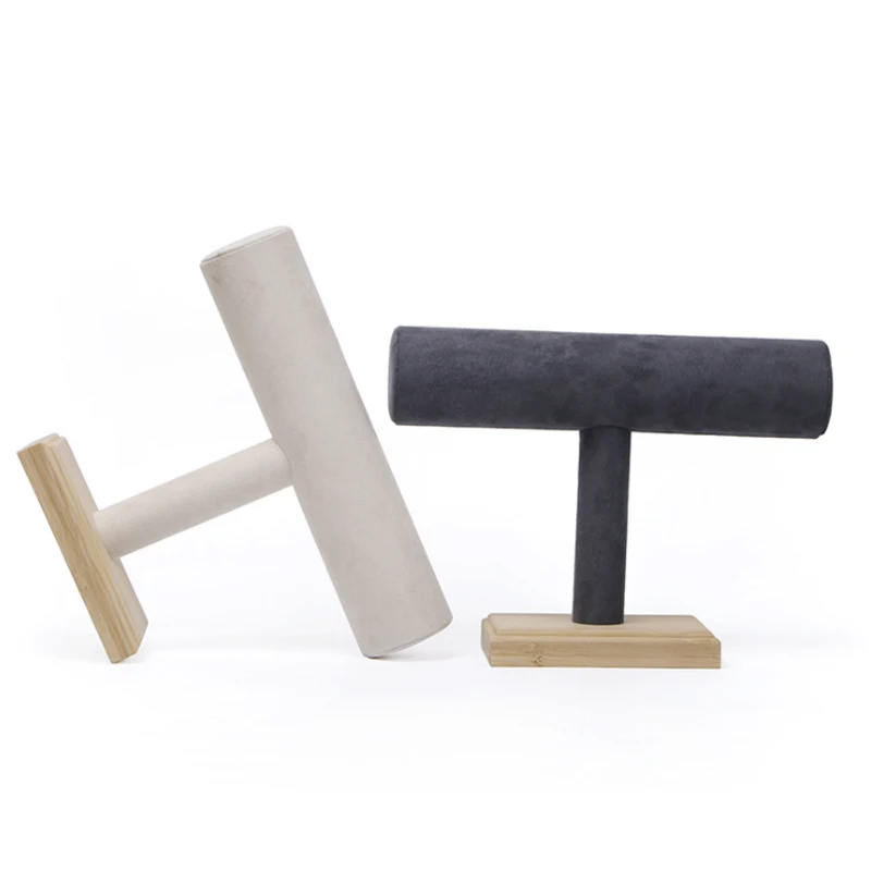 New Bamboo Velvet T-Bar Rack Bracelets Watches Bangles Necklace Jewelry Display Holder Stand Velvet Jewelry Organizer Wholesale