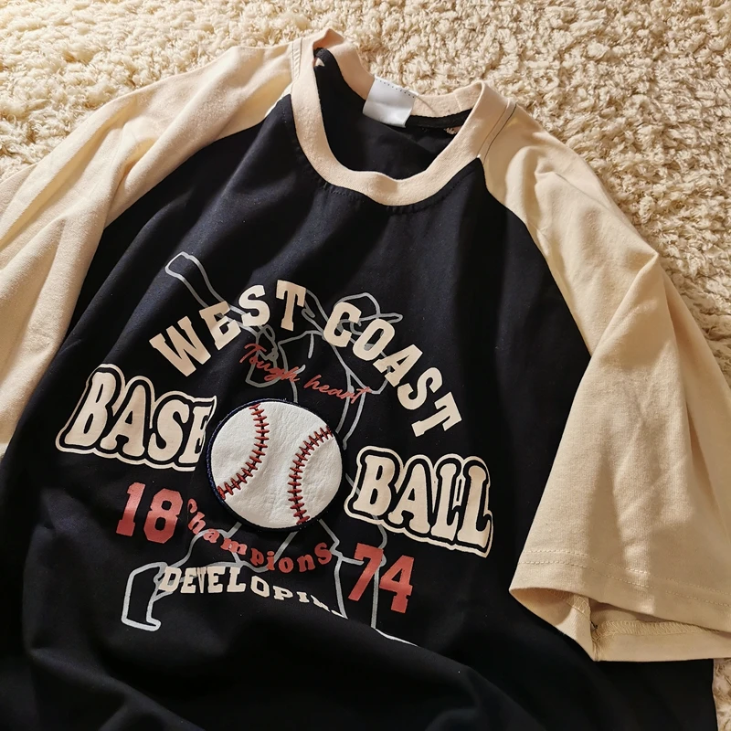 Cotton Material Retro Sport Baseball Letter Printed T Shirts Women Oversized Summer Tshirts 2021Harajuku Teens Girls Casual Tops