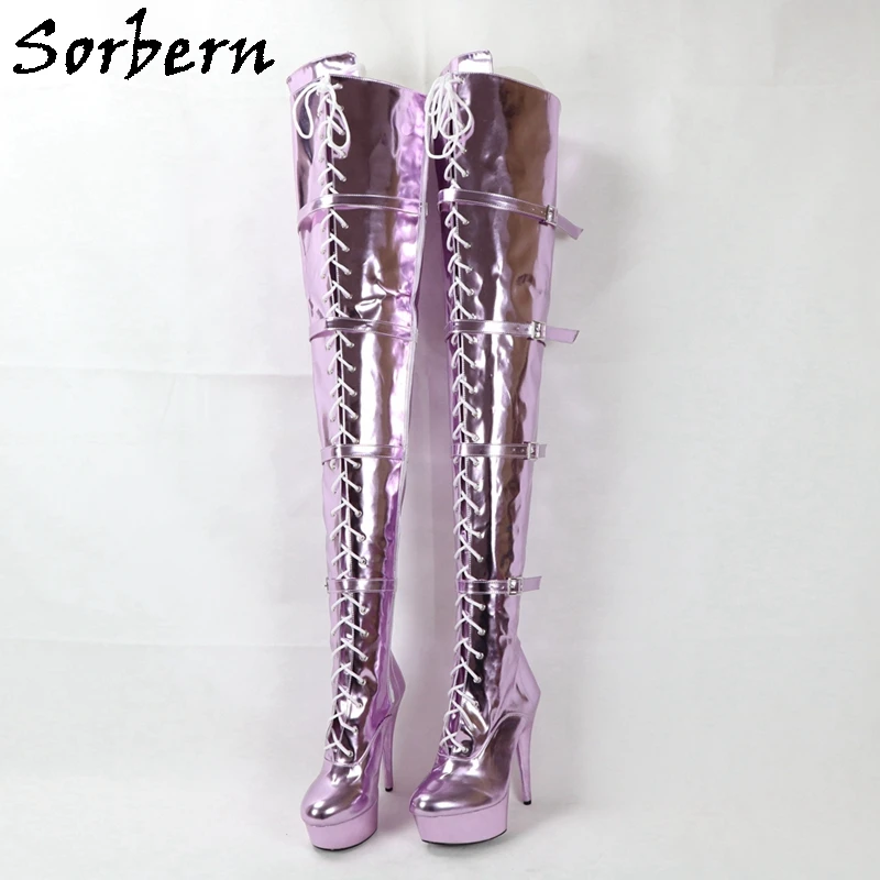 Sorbern Metallic 15Cm High Heel Women Boots Crotch Thigh High Unisex Ladyboy Boot Lace Up 4 Straps Buckles Pole Dance Heels