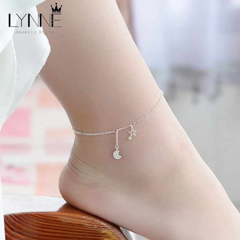 New Fashion 925 Sterling Silver Star&Moon Zircon Pendant Anklet Bracelet Constellation Symbol Foot Chain Women&Girl Jewelry Gift