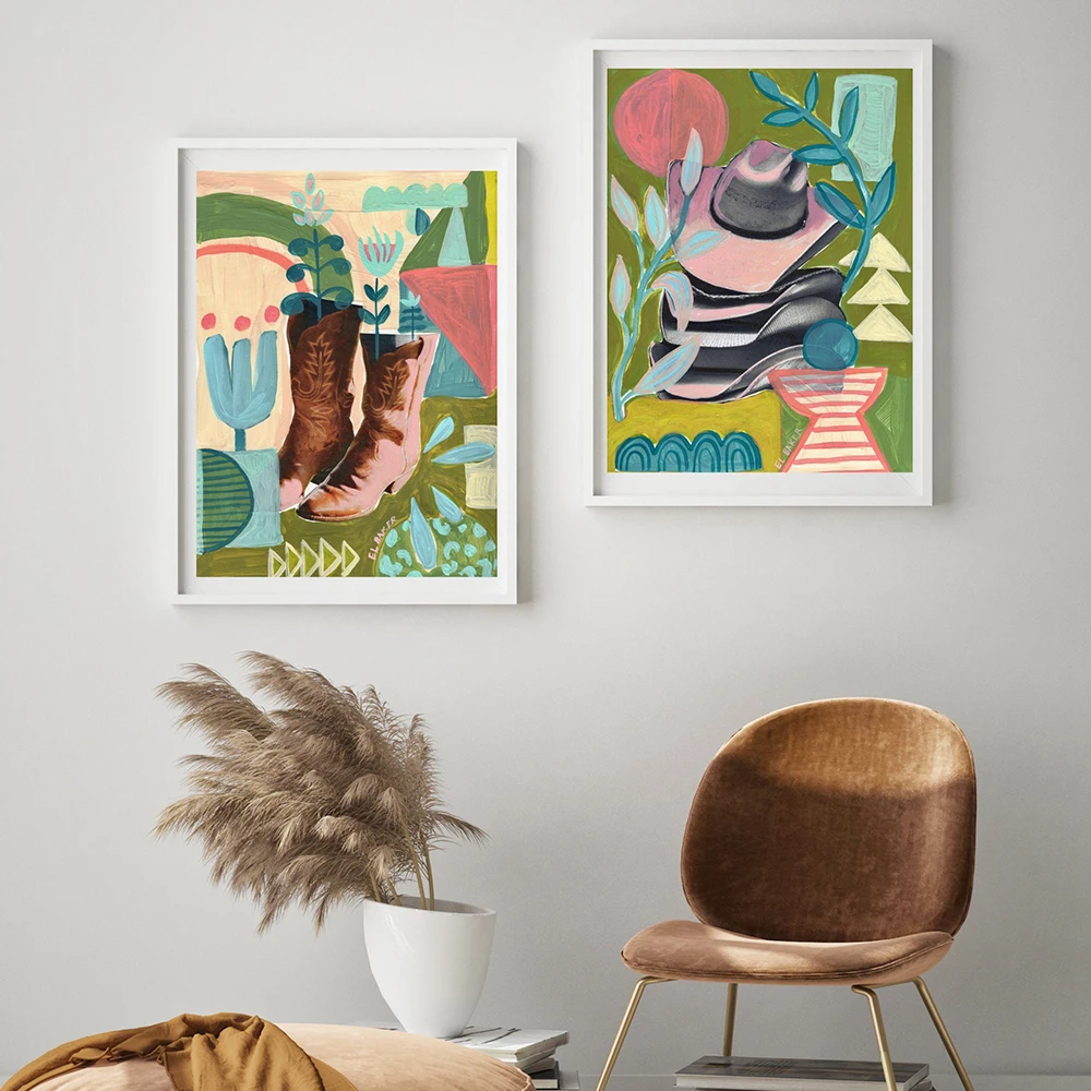 Vintage Boho Plant Photo Poster Boots Print Retro Western CowBoy Hat Wall Art Decoration Wall Pictures For Living Room Decor