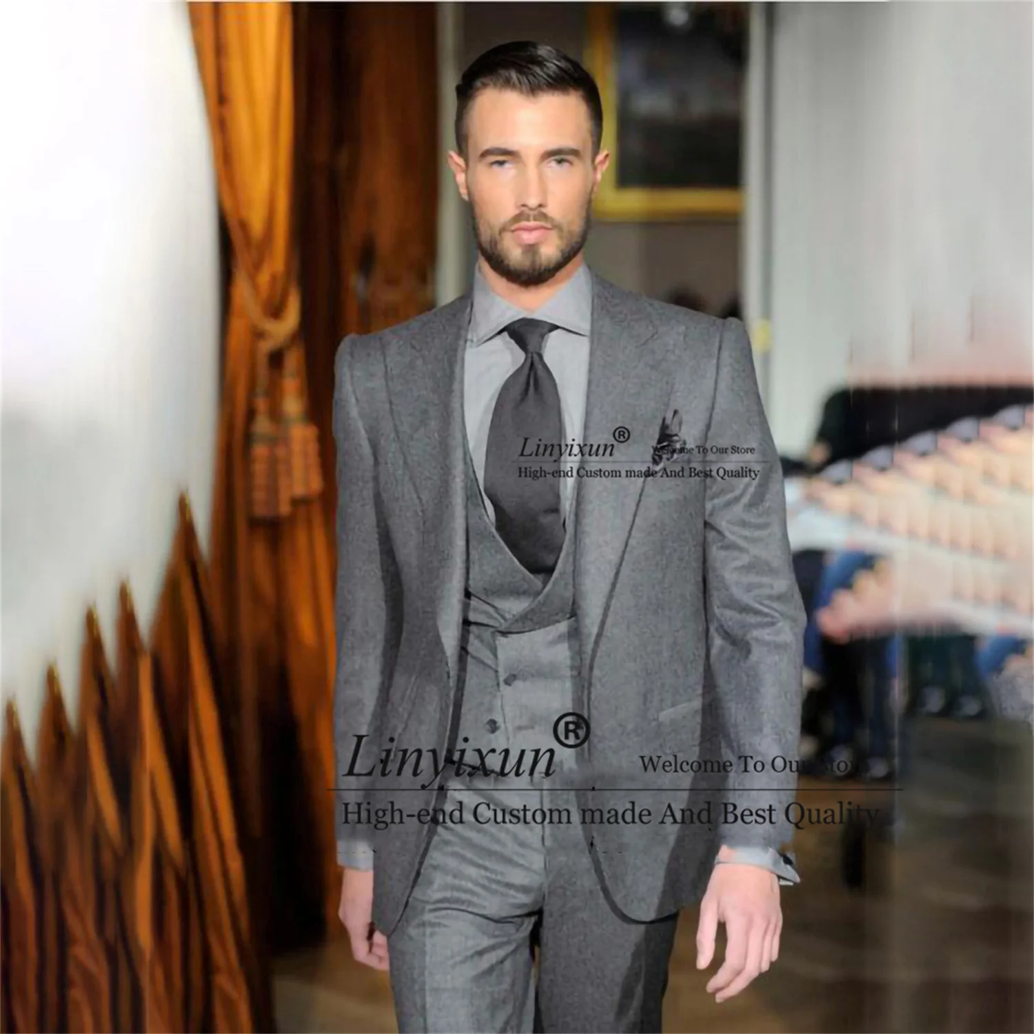 

Grey Slim Fit Men Suits For Wedding Prom Groom Tuxedos Peaked Lapel 3 Piece Jacket Vest Pants Set Business Mael Blazer Masculino