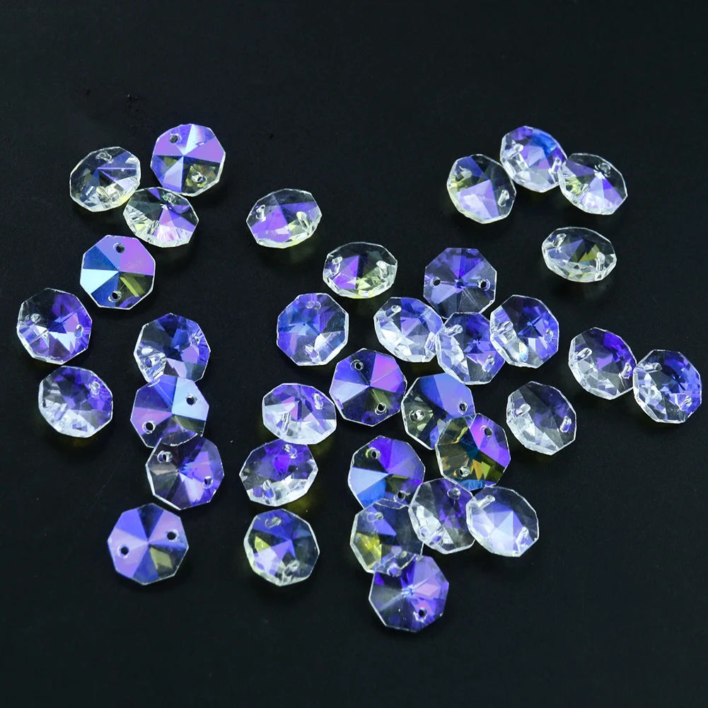 20PCS K9 Crystal Octagon Beads 2 Holes  Chandelier Parts Replacement Suncatcher Faceted Glass Prism Garland Curtain Spacer Bead