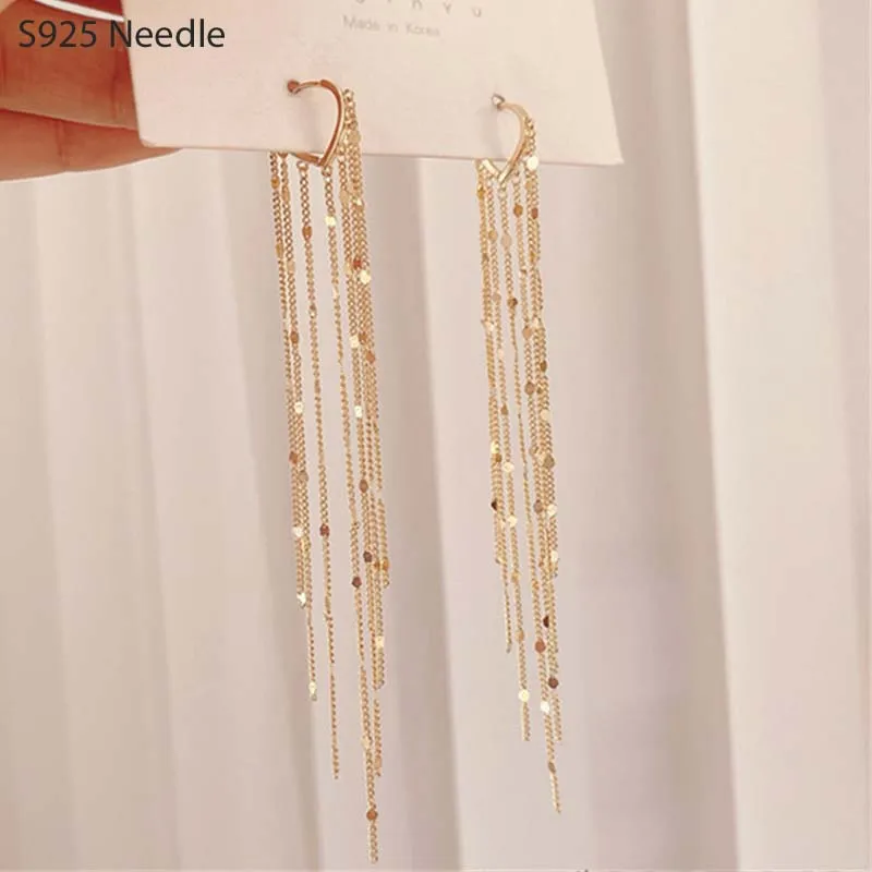 

Silver Needle Long Dangle Drop Earrings for Women Jewelry Fairy Heart Gold Female Tassel Earrings