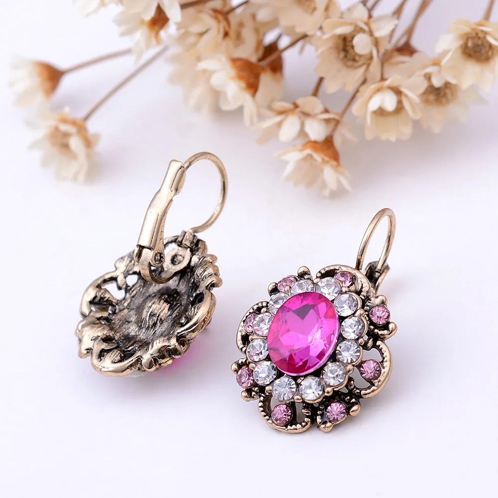 Retro Gold Color Blue Red Crystal Rose Flower Drop Dangle Earrings for Women Ear Charming Girls Brincos Hook Clip