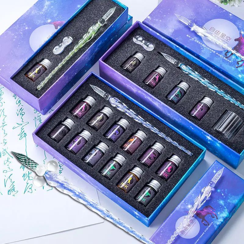 

13/7Pcs Crystal Glass Pen Starry Sky Unicorn Dip Pen Glitter Powder Fountain Pen 12 Colors Ink Gift Box Set Writing Supplies