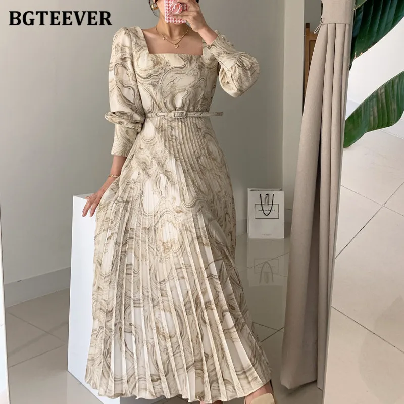 BGTEEVER Elegant Square Collar Women Pleated Dress Long Sleeve Slim Belted Sashes Female Printed Dress Vestidos 2021