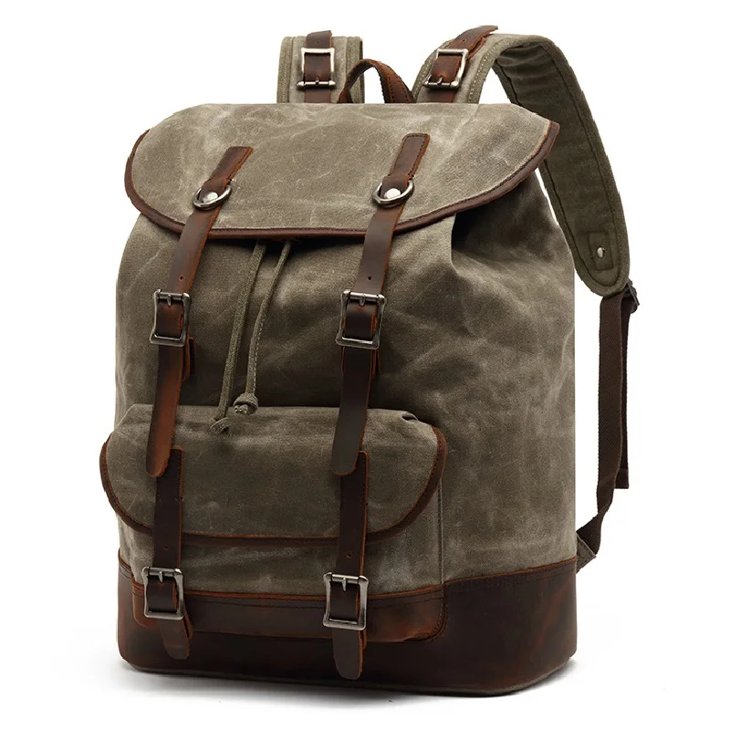 Men\'s Leather Backpacks For Men Large Capacity Backpack Army Military Vintage Waxed Canvas School Bags For teens Travel Rucksack