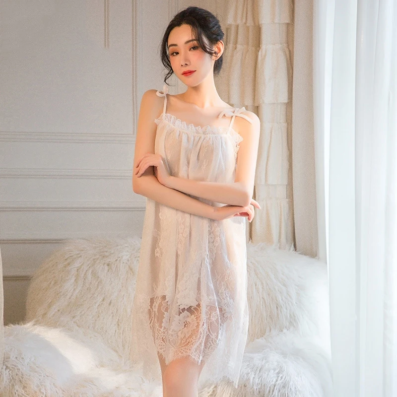 yhotmeng Princess  nightdress woman sloth sleepwear nightieLingerie Perspective Skirt Lace Temptation Sling Nightdress Suit