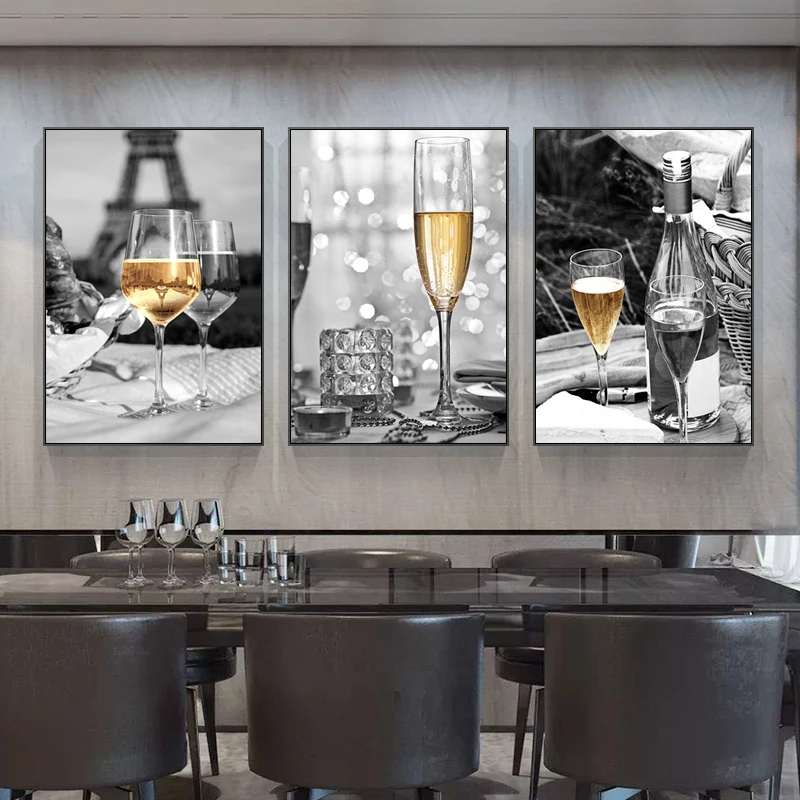 Luxury Table Dinner Champagne Glasses Posters Drink Liquor Gold And Black Wall Art Modern Canvas Paintings Room Decor Pictures