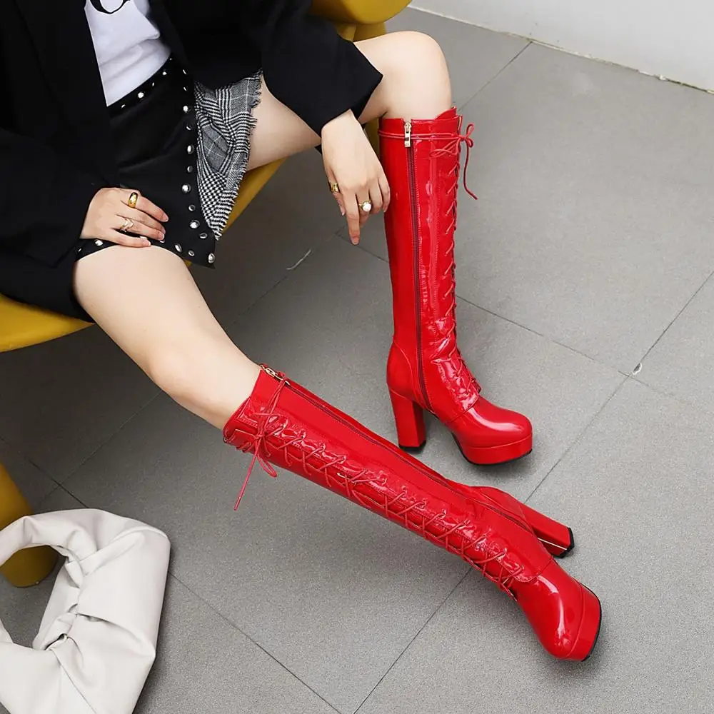 2023 Patent Leather White Lacing Knee High Boots Lace Up Ladies Platform Boots High Heels Fashion Nightclub Patry Shoes Wholesal