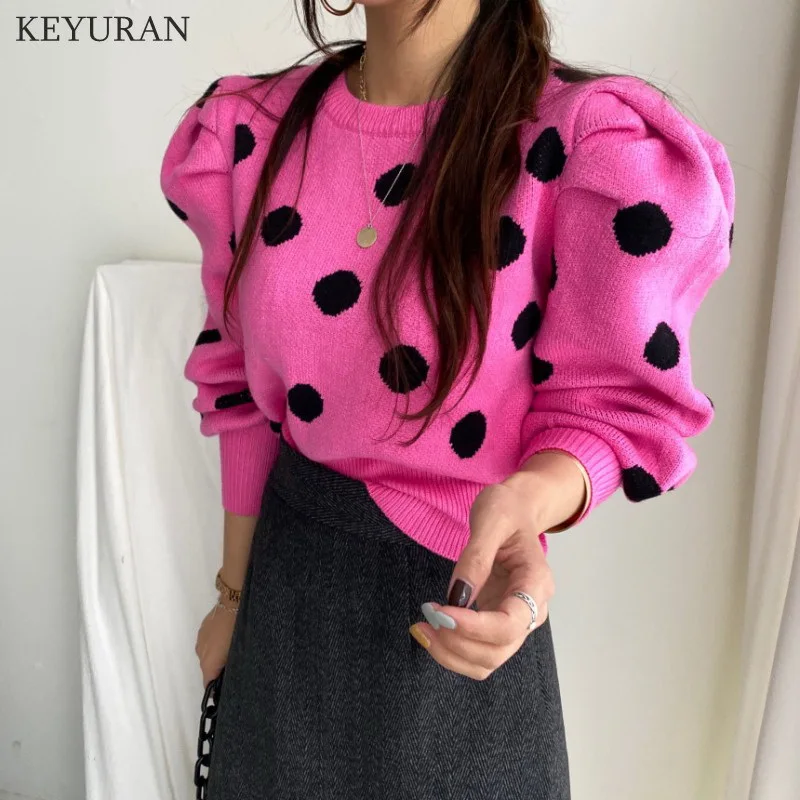 Korean Chic Puff Sleeve Sweater Women Stylish 2024 Autumn Winter Polka Dot Pullover Sweater Women\'s Knitwear Jumper Tops Lady