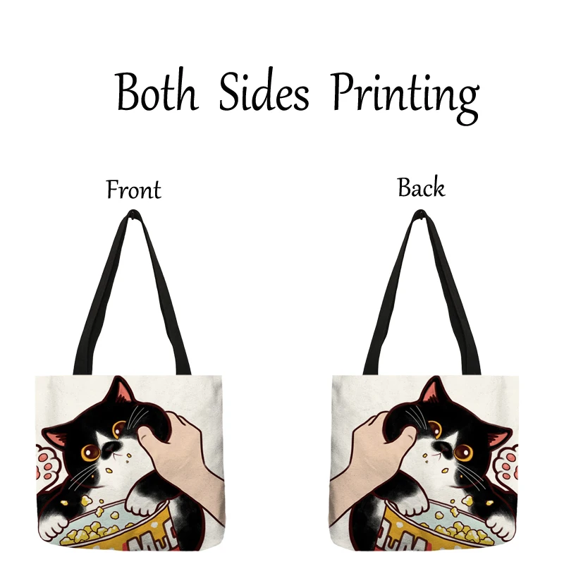 Funny Cute Kissing Cat Print Casual Tote Bag Eco Linen Cloth Handbag Women Ladies Large Reusable Shopping Bag for Outdoor Beach