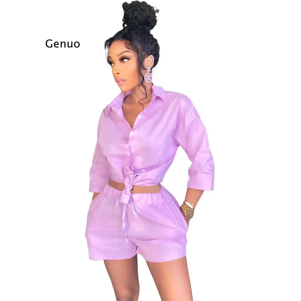 

Sexy Two Piece Set Button Shirt Top Lace Up Shorts for Women Summer Outfits Office Lady Clothing Club Party Matching Set