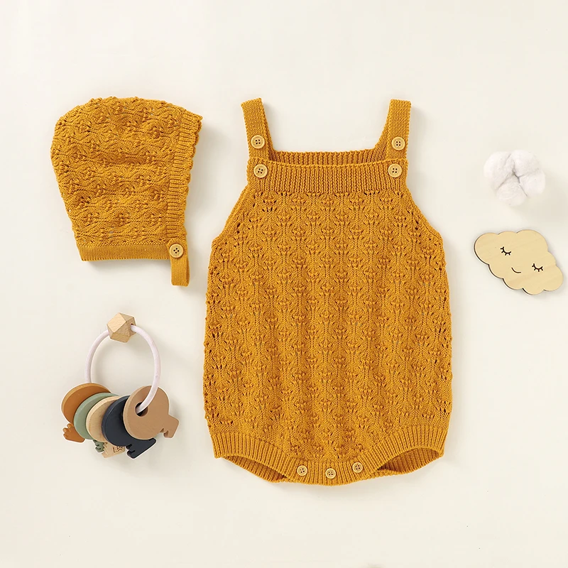 

Newborn Baby Bodysuit Hat 100%Cotton Knit Toddler Girl Clothing Set Infant Kid Boy Top Jumpsuit Outfit 2PC Knitwear Sleeveles