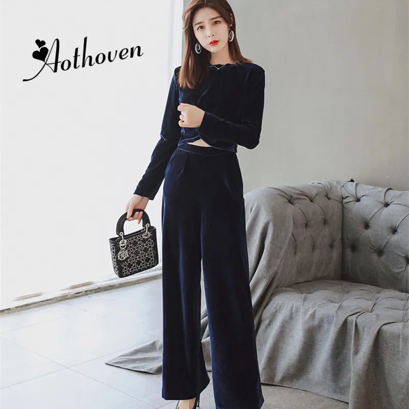 

2020 Spring 2 Pieces Set Office Suits For Women Gold Velvet Long Sleeve O Neck Short Tops and Long Pants Suit Workwear Sets