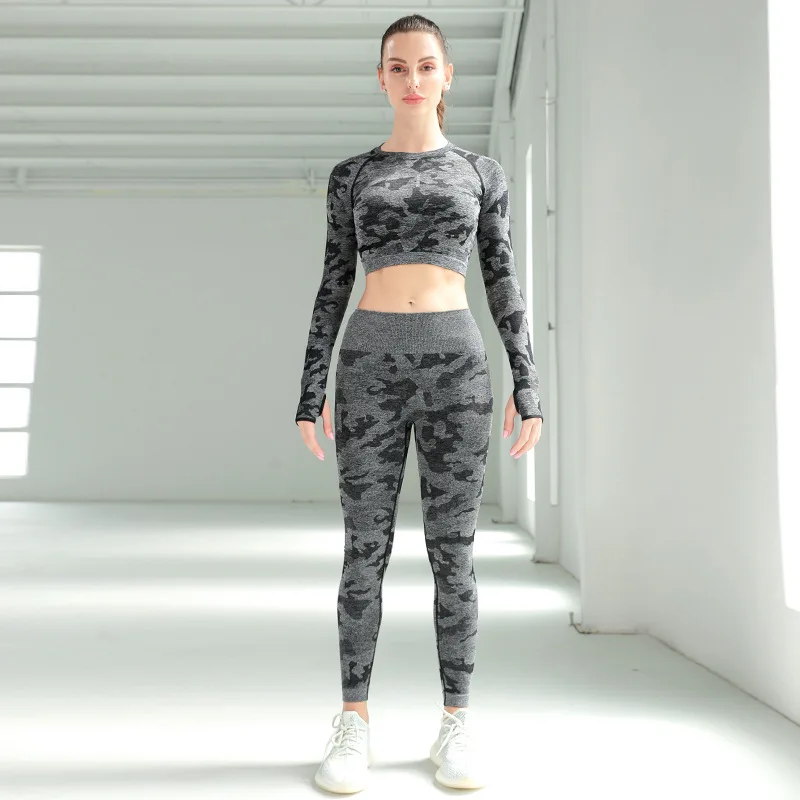 Women 2pcs Seamless Yoga Set Sport Suit Gymwear Workout Clothes Long Sleeve Gym Crop Top High Waist Leggings Fitness Sports Wea