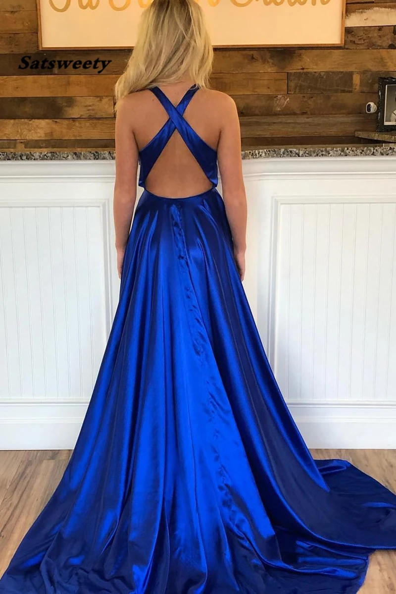 Royal Blue Long Evening Dress with Side Slit Satin Formal Party Gowns Abiye Gece Elbisesi Vestido De Festa Longo