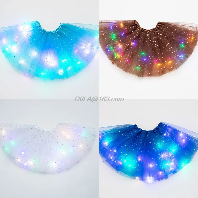 Kids Girls Glitter Star Sequins Ballet Dance Tutu Skirt LED Light Up Neon Colorful Tulle Short Dress Party Stage Costume 3-12T