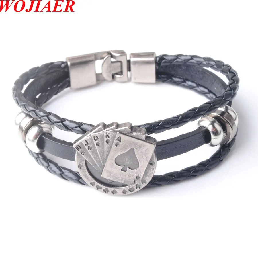 WOJIAER Dichroic Leather Vintage Lucky Poker Card Charm Woven Bracelet Male Cuff Jewelry Gift BC005