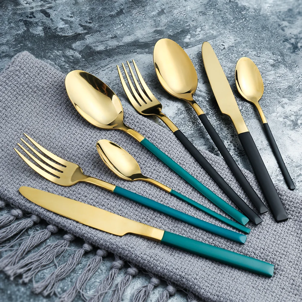 

4 pieces steak cutlery spoon square handle stainless steel Nordic tableware golden mirror cutlery spoon spoon set