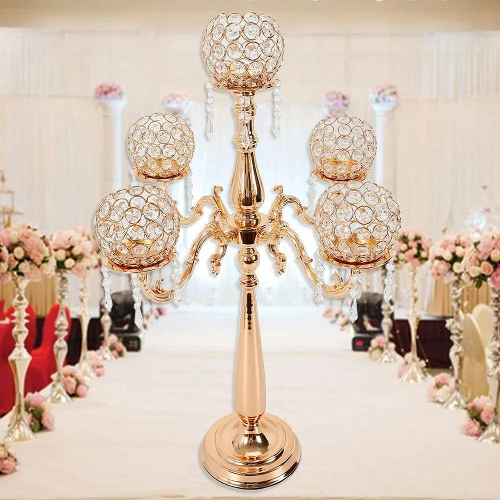 

Luxury metal gold candle stick holder decorative 5 arms tall candelabra for wedding table centerpieces