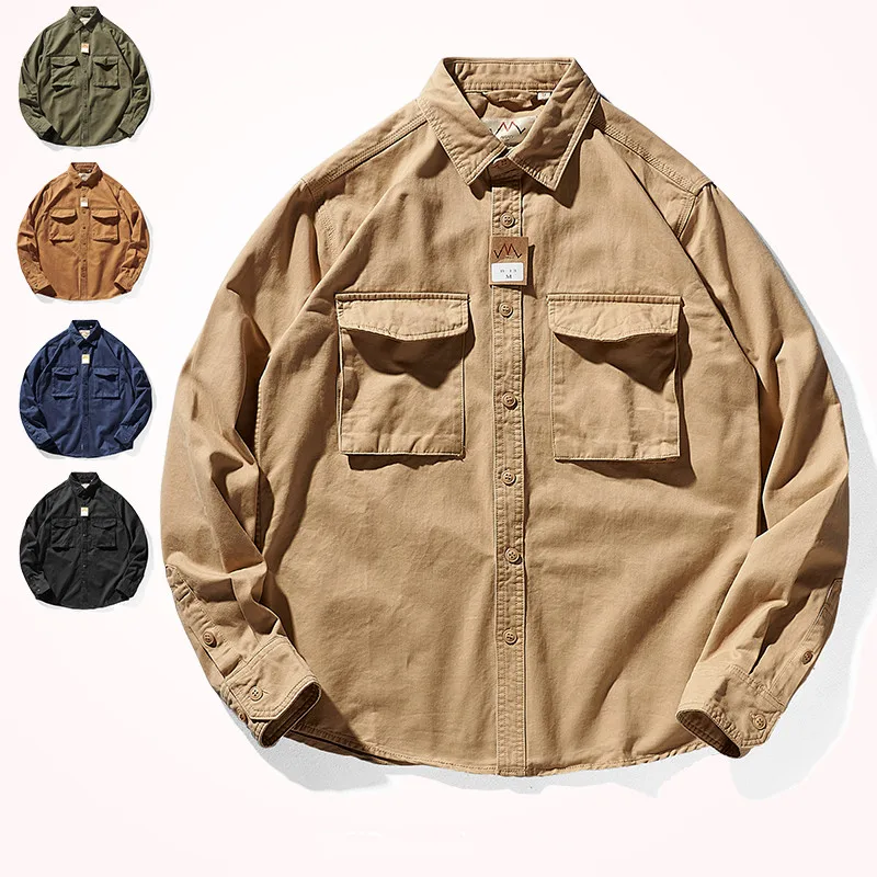 Autumn New American Retro Woven Tooling Shirt Men's Fashion Pure Cotton Washed Old Long Sleeve Double Pocket Casual Blouses Coat