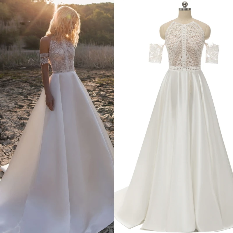 Bohemian Detachable Customzied Wedding Dresses Lace Satin A-Line Bridal Gown Beach Wedding Dress For Women 2024 Customized