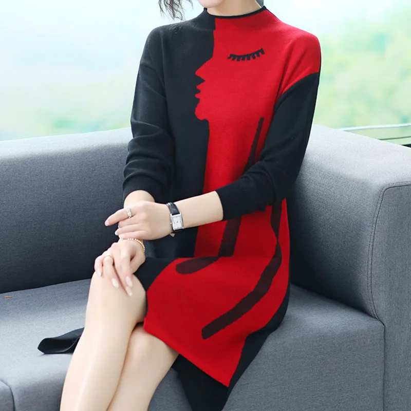 

Autumn Knitted Long Pullover Dress O-Neck Long Knitted Autumn Long Sleeve Pull jumpers Female Tops Female