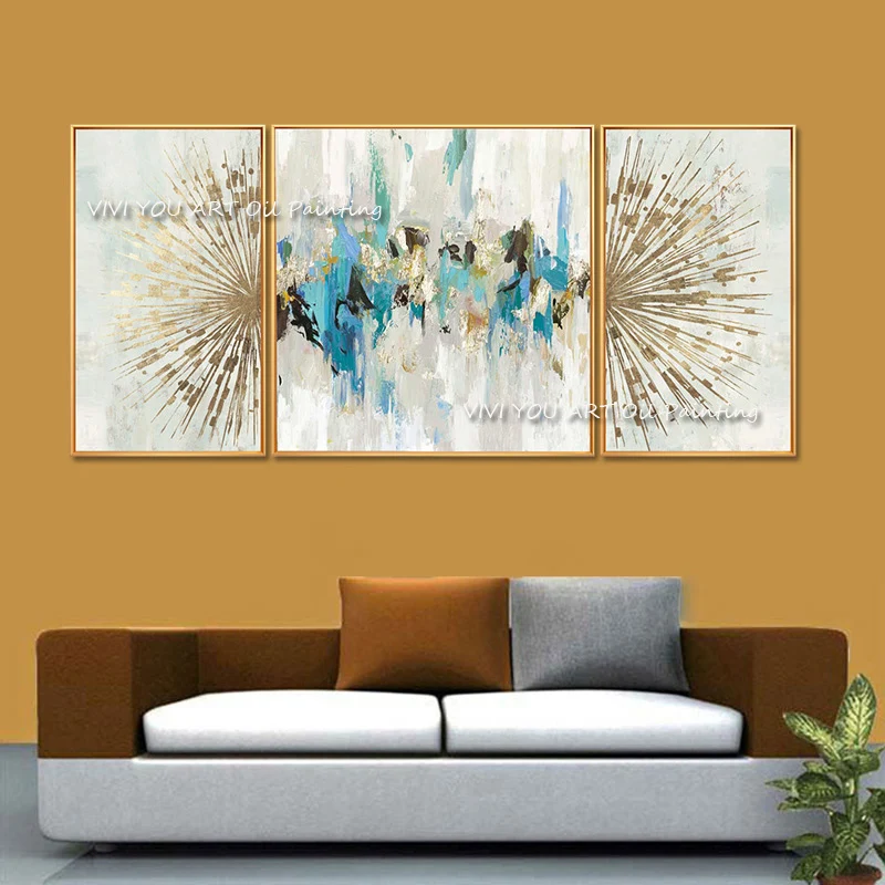 Original Handmade Textured Oil Canvas, Turquoise Gold Leaf Trippy Triptych Large Wall Art Contemporary Living Room Decor