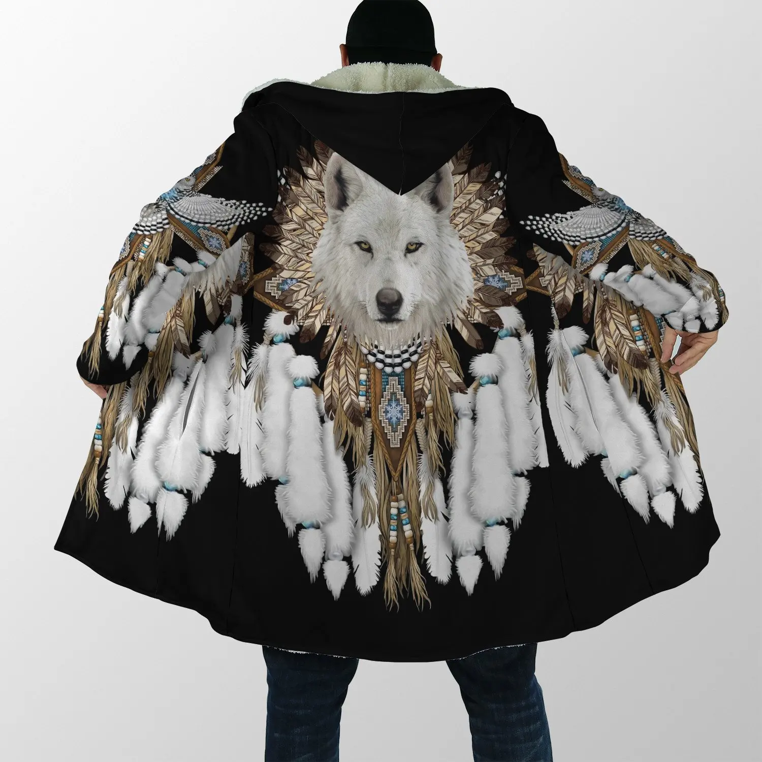 2021 Winter Mens cloak Beautiful Tribal Native Wolf 3D full Printing Thick Fleece Hooded Coat Unisex Casual Warm Cape coat DP15