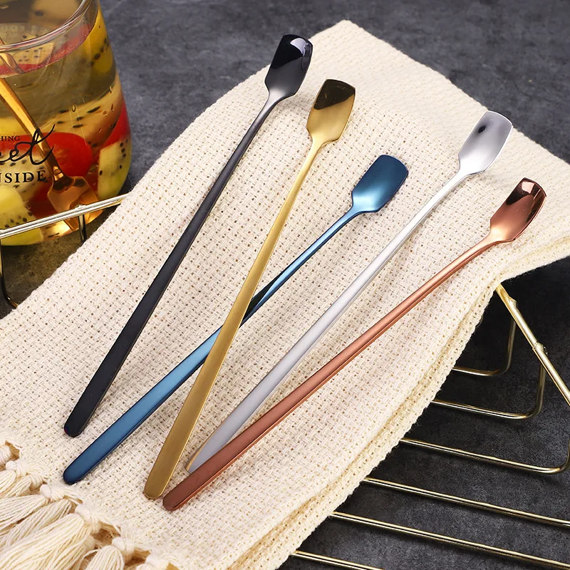 1PC Square Head Coffee Stirring Spoons Stainless Steel Long Handle Colorful Teaspoon  Dessert Scoops Tableware Kitchen Utensils