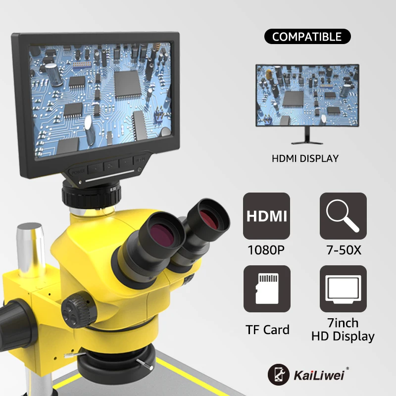 Kailiwei Mobile Phone Repairing Trinocular 7-50x 0.5xctv Stereo Microscope with 7inch Monitor Wifi Function