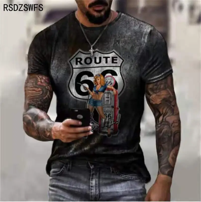 2021 Route 66 American Road T-shirt Summer New Short-sleeved Casual Top O-neck T-shirt Men\'s Oversized Shirt Retro Sweatshirt