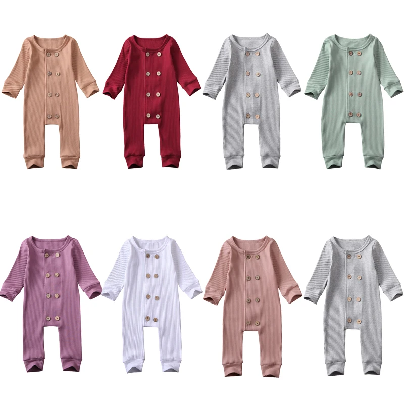 

Newborn Baby Girls Boys Solid Romper Kids Cotton Long Sleeve Ribbed Knitted Jumpsuit One-piece Playsuit 0-24M