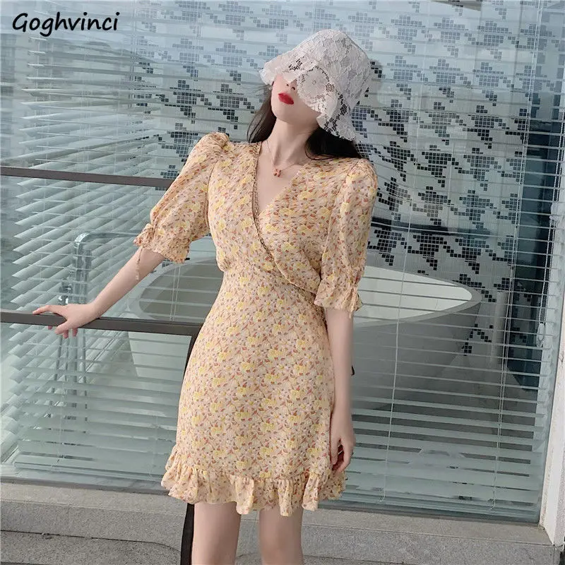 

Dress Women Lazy Holiday Korean Sweet Floral Lantern Sleeve V-neck Flounced Edge Sexy Fairy All-match Vintage Clothing Hipster