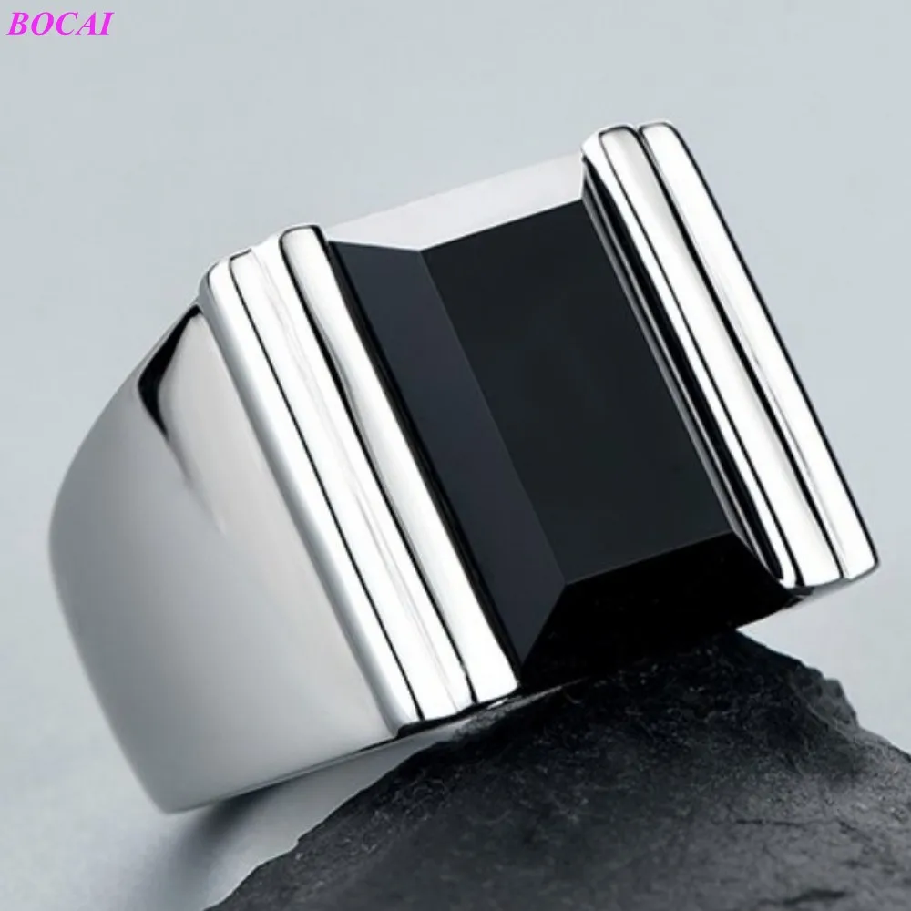 BOCAI S925 Sterling Silver Rings for Men Black Agate Fashion Personality Domineering Single Argentum Jewelry Wholesale