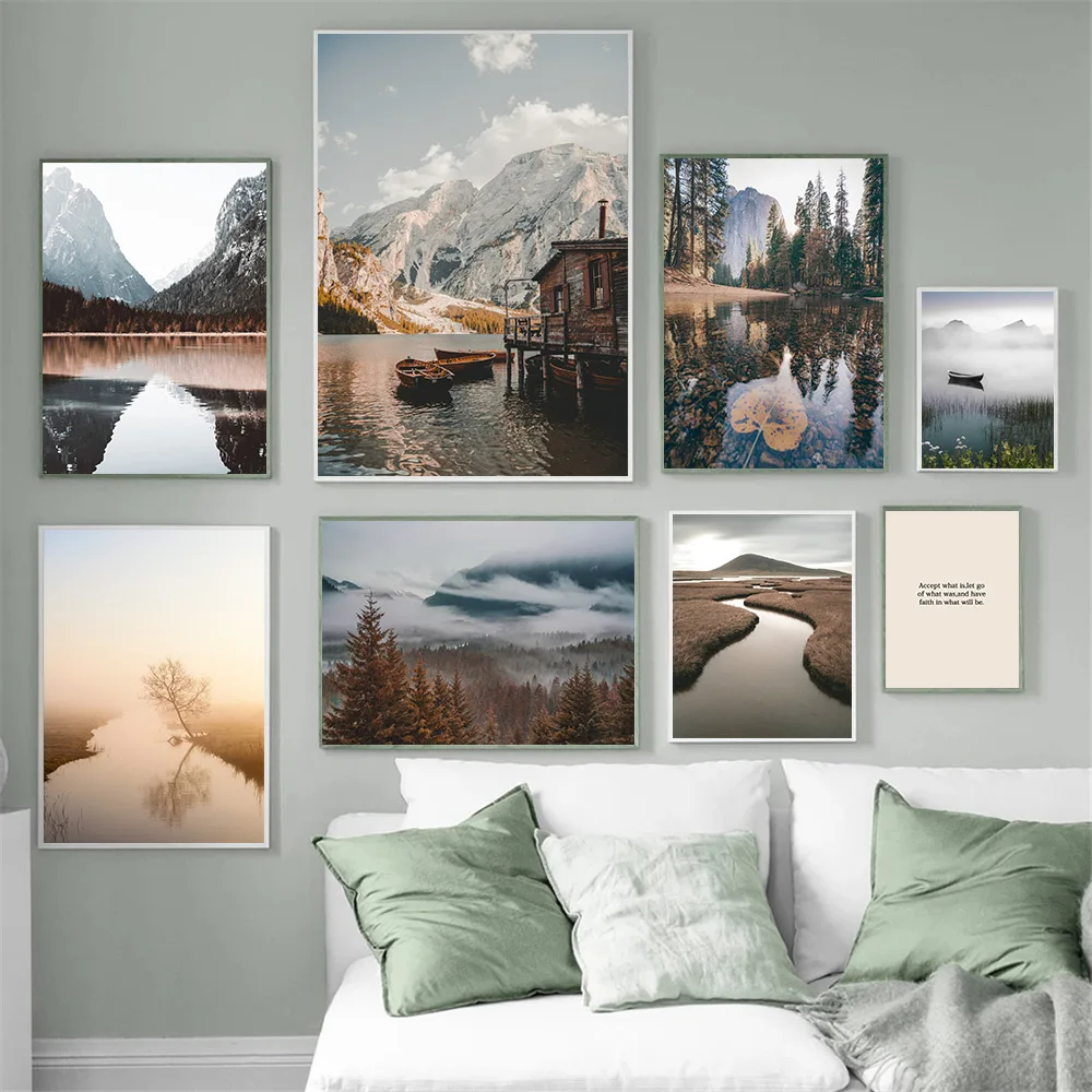 

Scandinavia Forest Mountain Lake Scenery Poster Nordic Quotes Canvas Print Nature Landscape Art Painting Wall Picture Home Decor