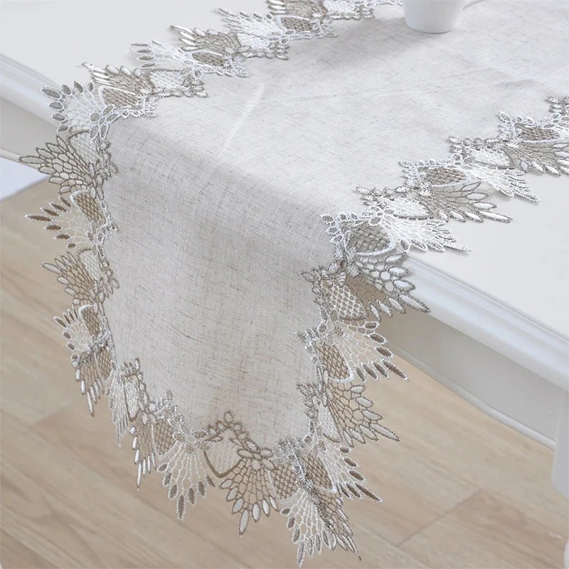 Handmade Simple Modern Primary Color Linen Table Cloth Lace Embroidered Linen Tablecloth Tv Cabinet Dust Cover Home Table Runner