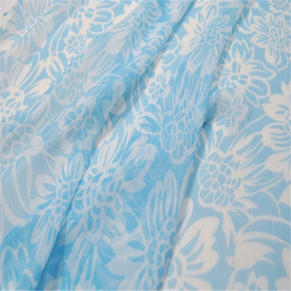 Blue Color Printing Popular Elegant Style Silk Crepe Chiffon Fabric with Great Material for Girl Dress