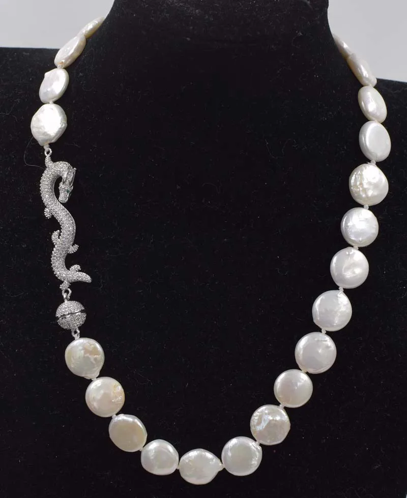 

NEW nature white coin freshwater pearl 13-14mm necklace dargon clasp 19inch wholesale beads woman