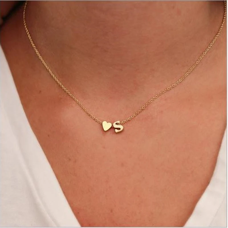 Letter Alphabet Heart Pendant Necklace First Name Plated Metal Chain Women Girls  Gift