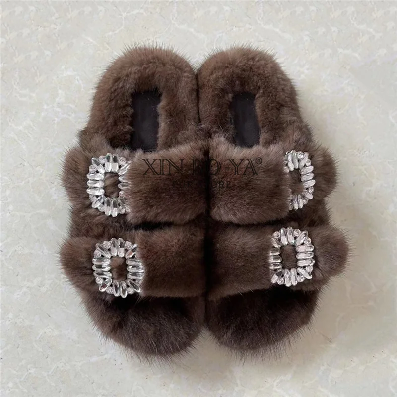 Winter Fur Slippers Women 2024 Flat Real Fur Mink Slippers Warm Soft Indoor Women Fur Slippers Luxury Designer Female Shoes