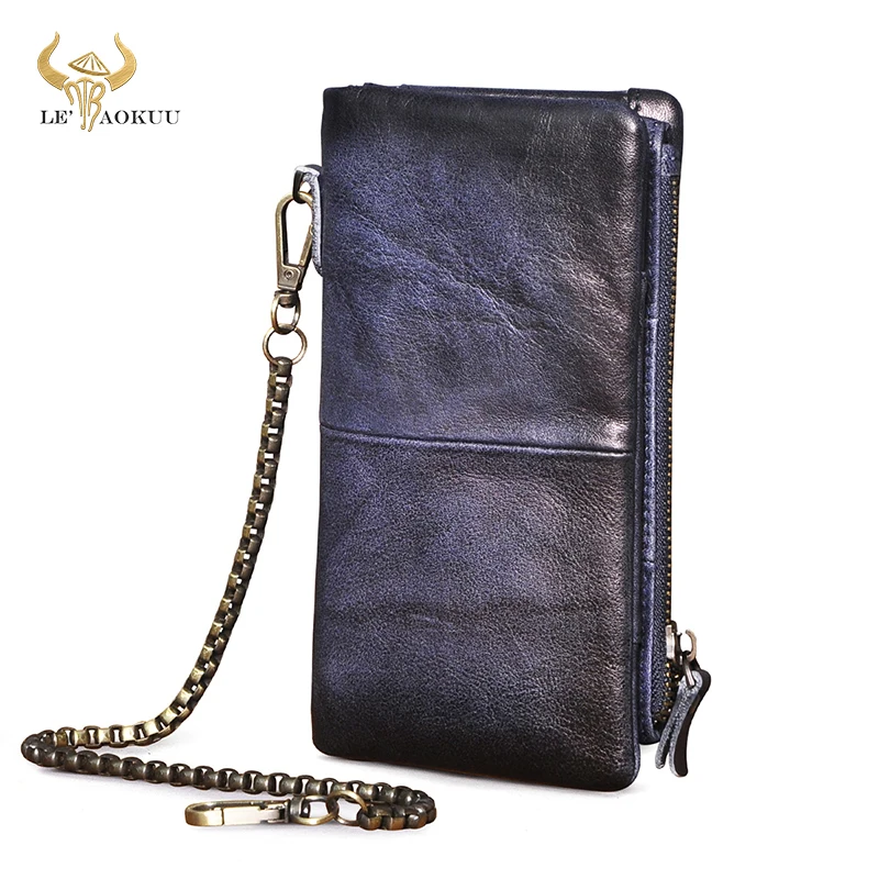 

Original Real leather Retro Gift Long Business Card Holder Organizer Travel Chain Snap Wallet Purse For Men Male Design 1029