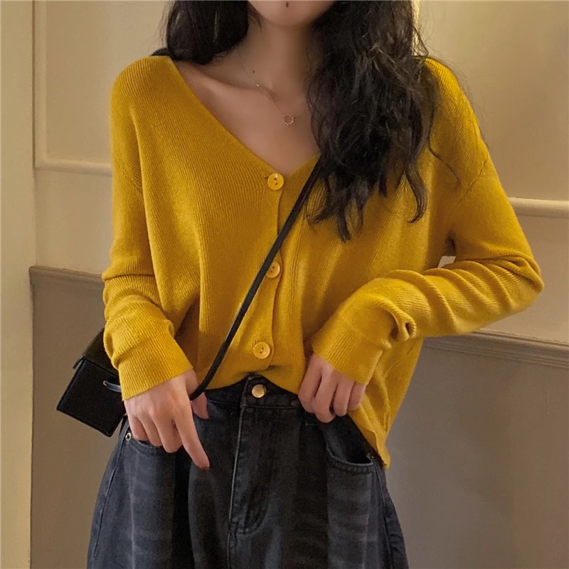 Women Long Sleeve Sunscreen Cardigan Knitted V-Neck Sweater Korean Style Solid Color Cardigans Jacket Tops All Season